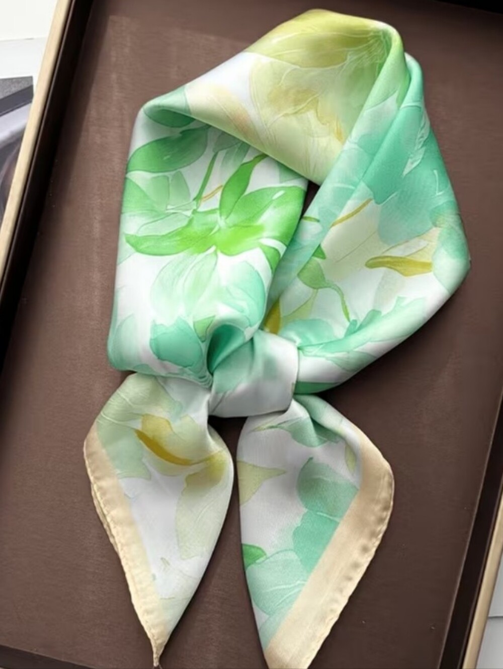 Silk-feel Green Floral Scarf - Elegant Women's  Head Scarf, Neck Scarf
